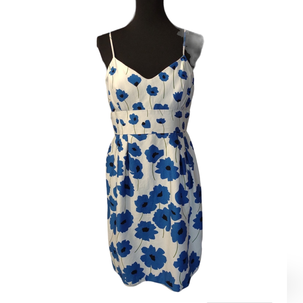 White Strappy Dress with Blue Poppy Flowers Sz 12 petite